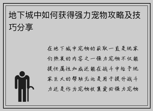地下城中如何获得强力宠物攻略及技巧分享