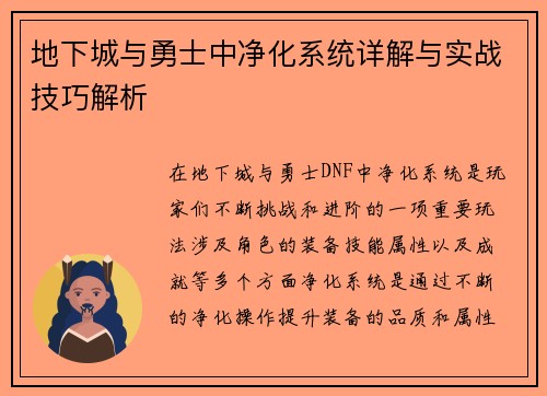 地下城与勇士中净化系统详解与实战技巧解析